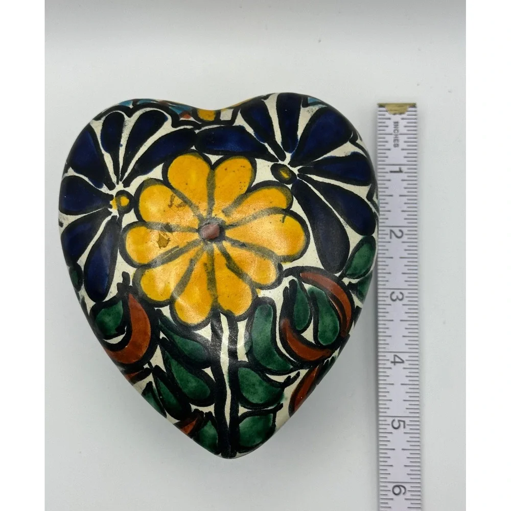 Amora Talavera Pottery Heart Trinket Box Hand Painted Floral Mexican Folk Art